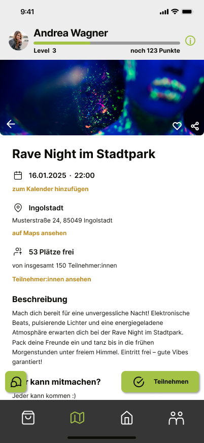 Refined Kiwi mobile event page for Rave Night im Stadtpark, with a banner image, date and time, calendar link, location, available places, description, and participation controls.